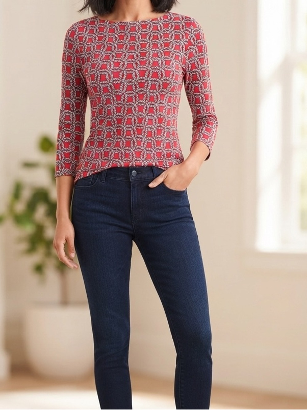 Talbots Red White Nautical Rope Geometric Print 3/4 Sleeve Boatneck Top Small